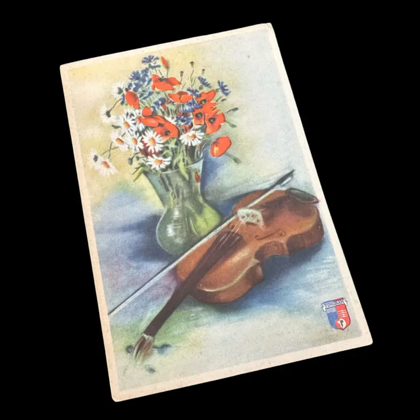 Beautiful Floral Arrangement And Violin Vintage Postcards Continental Size, Unused Unposted