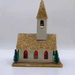 Large Vintage Putz Mica Cardboard Church w/steeple Japan