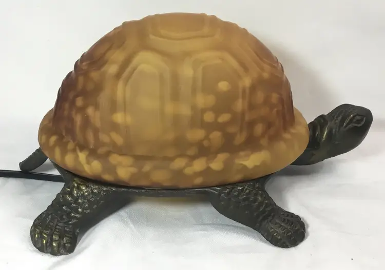 Turtle lamp, brass base, amber glass shell, switch in electric cord 4" x 9" vtg.