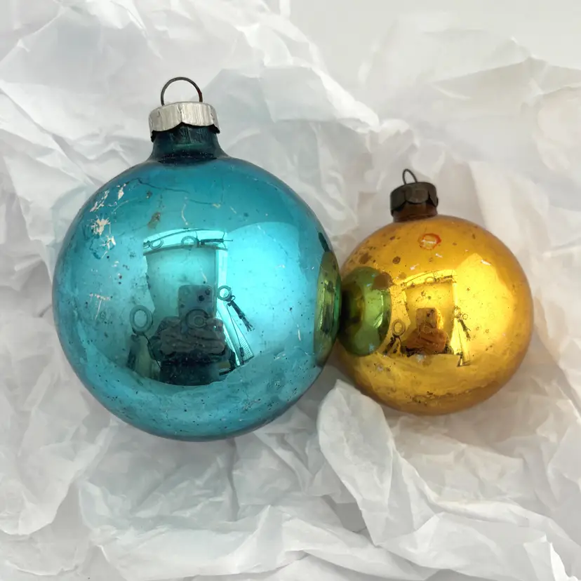 West German Christmas Ball Ornament Gold Blue Blown Glass Shabby Decor Vintage