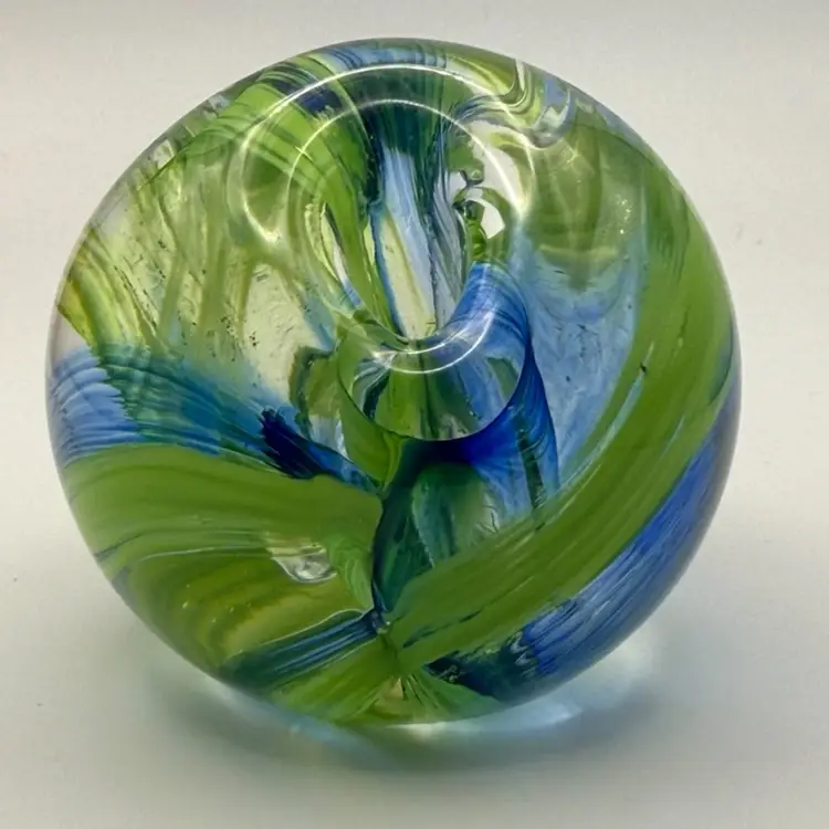 Glass Eye Studio Paperweight Pen Holder Swirl Green And Blue 2 3/4"