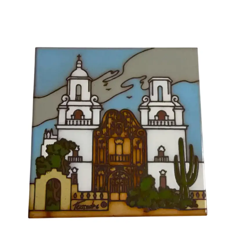 Hand Painted Ceramic Tile Wall Art Trivet Cleo Teissedre Designs INC CLEO San Javier Mission, Arizona
6”