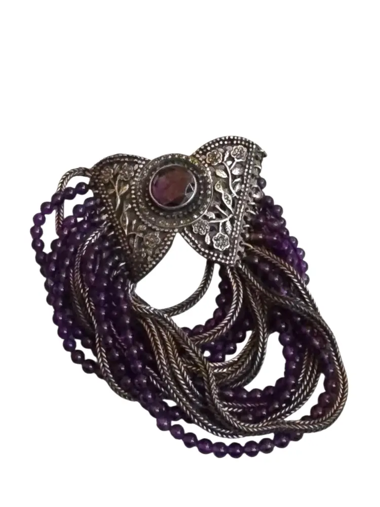 Beautiful Amethyst Bead Sterling Wide Bracelet (A9472)