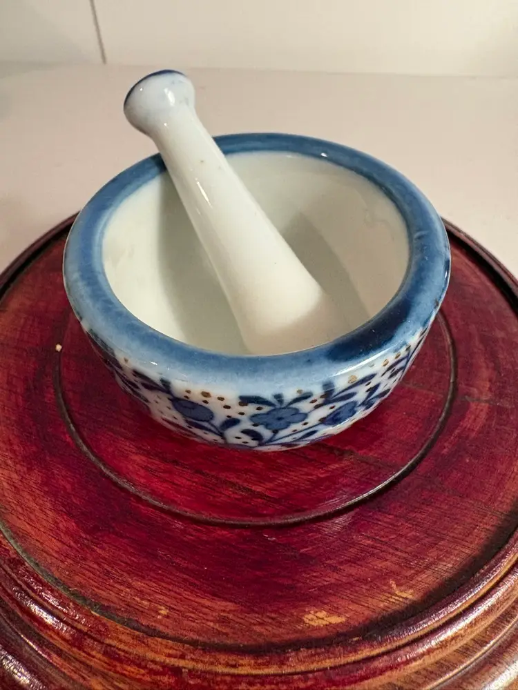 Mortar And Pestle Blue And White Miniature  Stoneware Polish Pottery