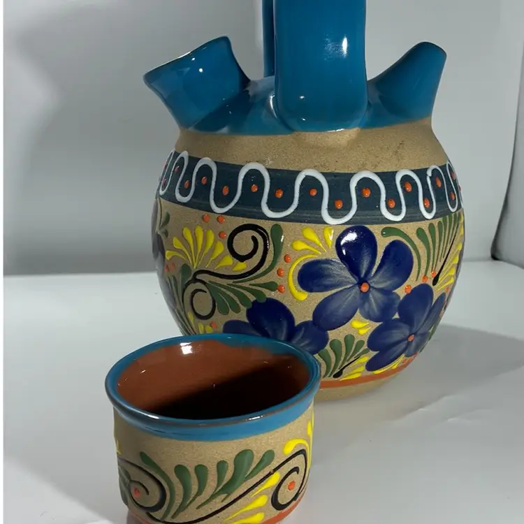 Mexican Clay Pottery Water Jug Decanter with Cup Garrafon De Barro Con Vaso