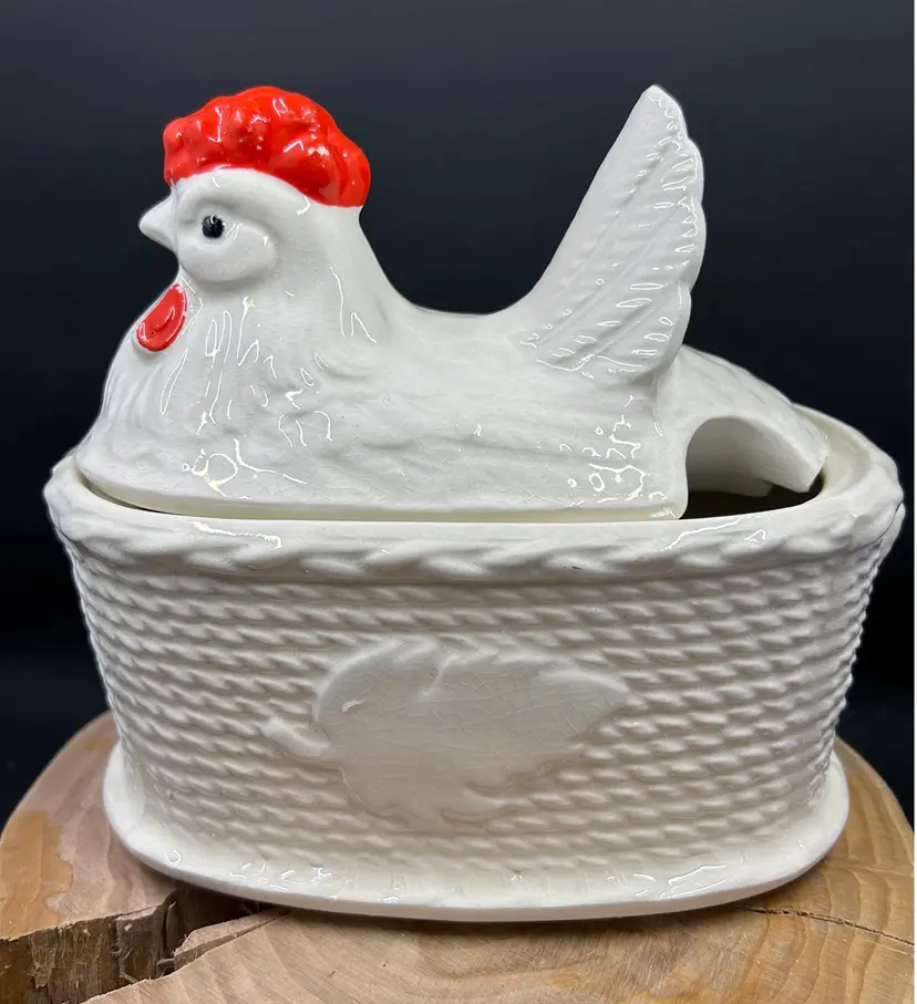 Vintage Chicken On Basket White Ceramic Small Tureen Serving Piece Made In Japan
