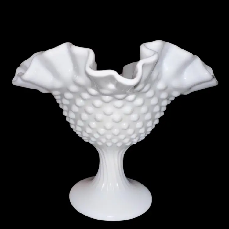 Fenton Milk Glass Hobnail Footed Compote / Candy Dish - Ruffled Top, Ribbed Foot
