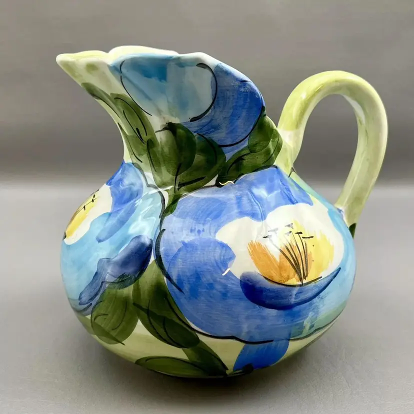 Vintage Handmade Italian  Ceramic Pottery Pitcher Floral Blue Yellow Green Italy