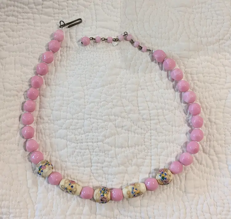 Vintage Venetian Wedding Cake Bead Necklace in Pink and Creamy White