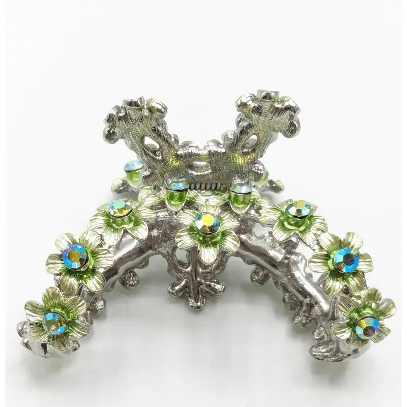 Green Crystal Flower Hair Claw Clip Silver Tone