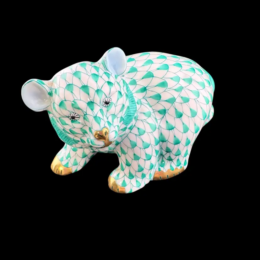 Vintage Green Herend Bear Cub - Green Fishnet Pattern 4” Long x 2” Tall x 2” Deep