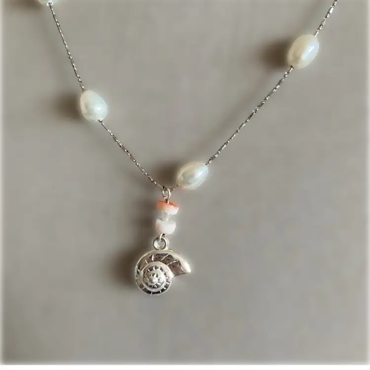 Pretty Silver and Pearl Necklace with Silver Shiva Eye Shell Charm For Good Luck