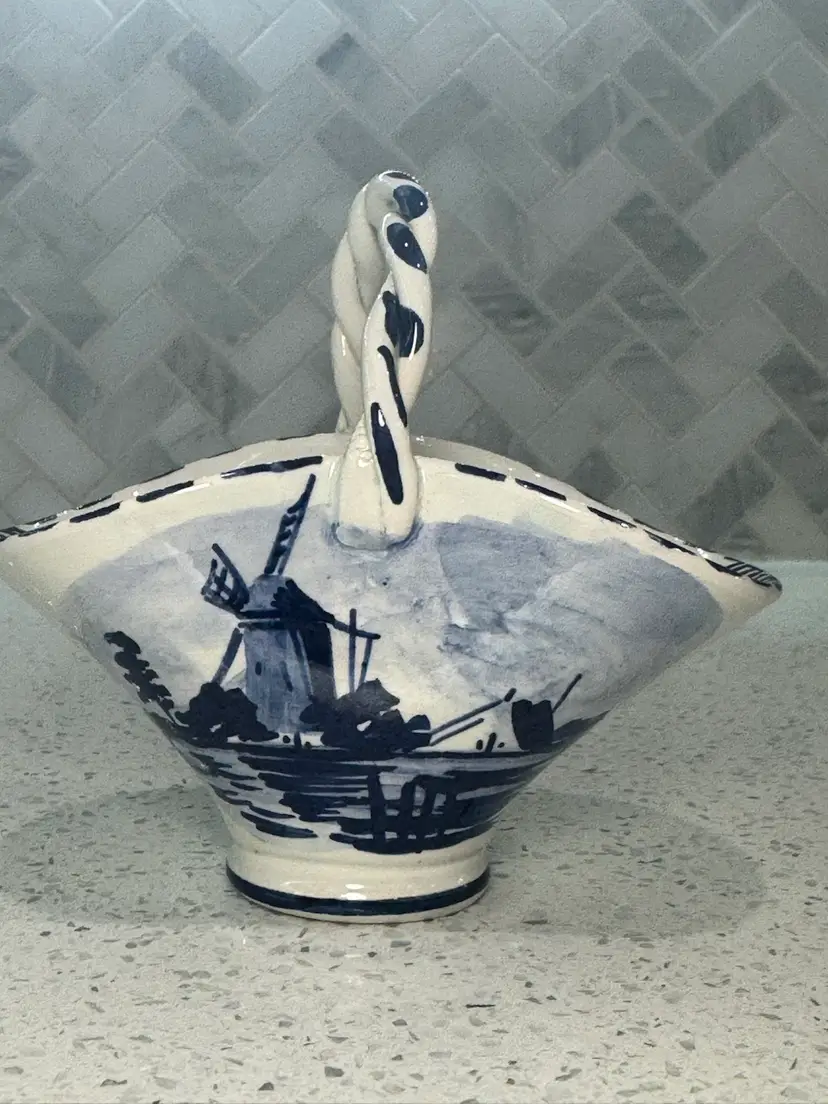 Vintage Delft Blue porcelain basket, hand-painted with traditional Dutch windmill landscape scene