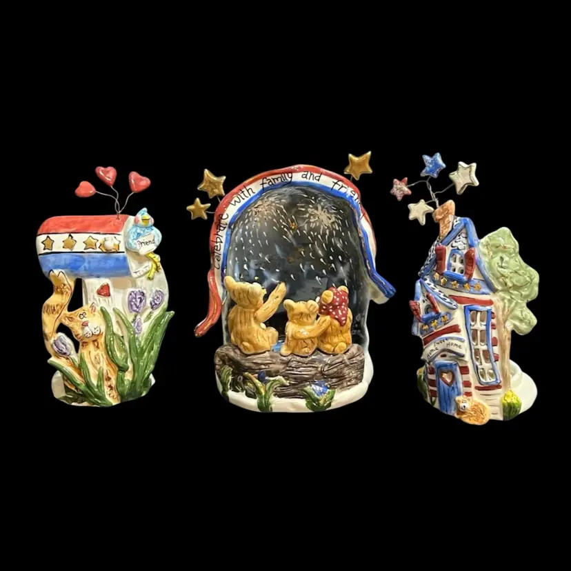 3pc 2003 Blue Sky Clayworks Patriotic Celebration Votive Holders *AS IS*