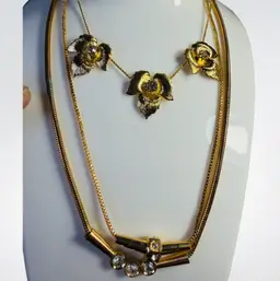 Lot Of 3 Gold Tone & Rhinestone Necklaces - 1 Is 14” - 2 Are 16”