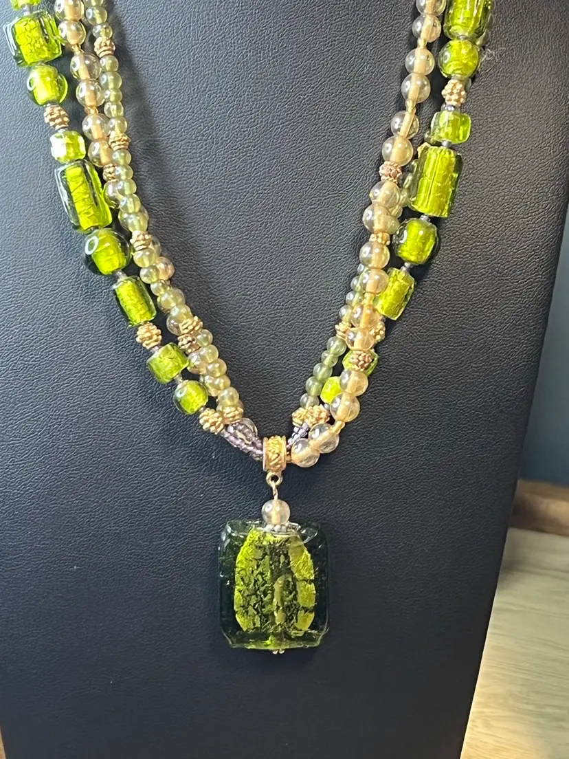 Jewelry Art Glass Necklace 18” Multi-strand Length , 1” Green, Amber And Ivory Tones Of Dichromic Glass Beads And Pendant,gold Tone Spacers And Lobster Claw Clasp With A Hint Of Purple Seed-beads Near The Pendant