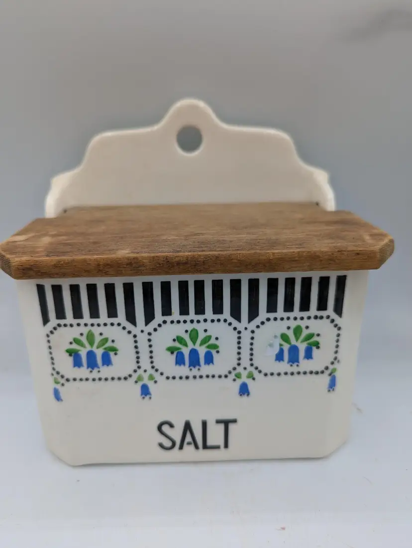 Ditmar Urbach Floral White  Porcelain Salt Box  Czechoslovakia Wood Lid