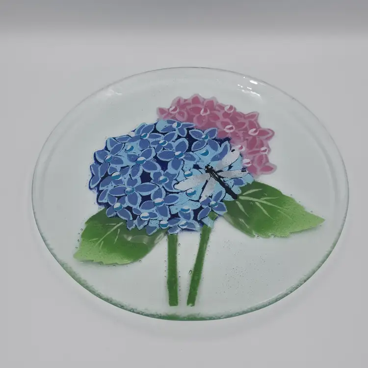 Hydrangea and Dragonfly Fused Glass Plate Signed