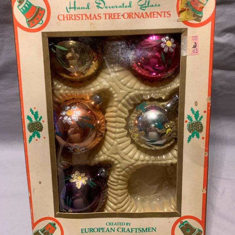 5 Vintage Xmas Tree Hand Decorated Glass Ornaments