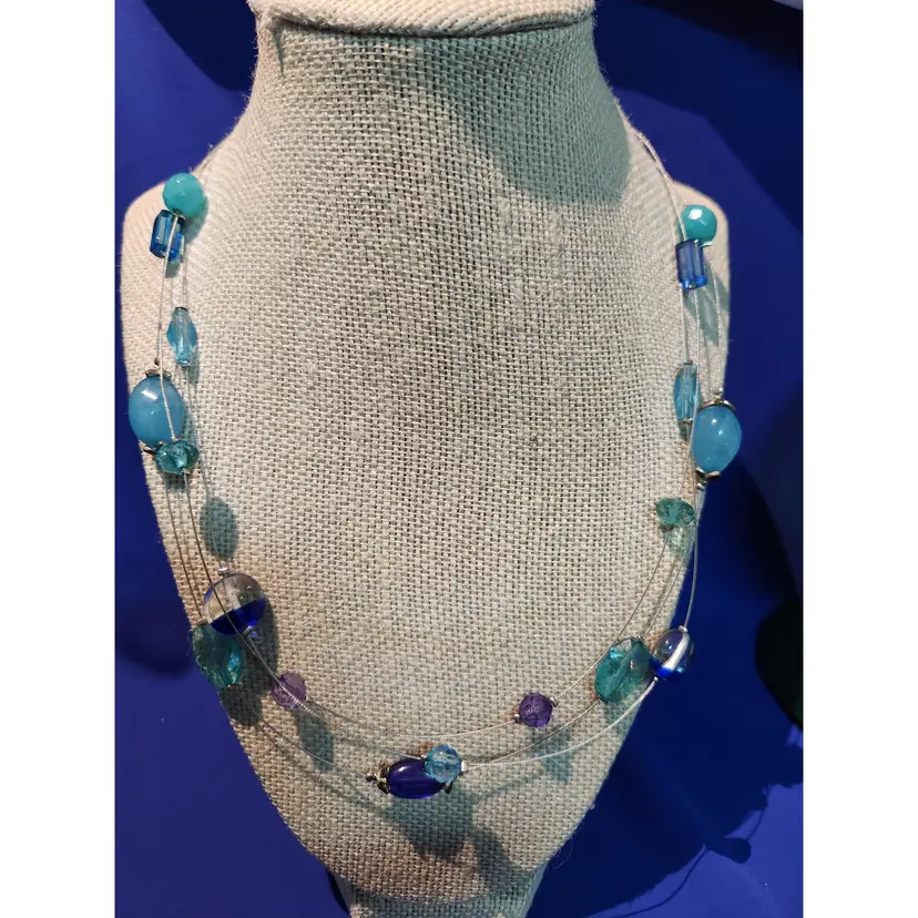 Victor Jansen Teal, Blue and Aqua Beaded Silver Tone Multi String Necklace