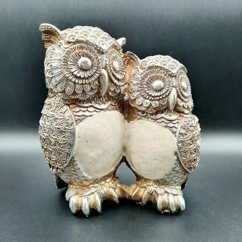 Owl Pair Couple Figurine Gold/Silver Metallic Resin Pearl Ivory Swirl