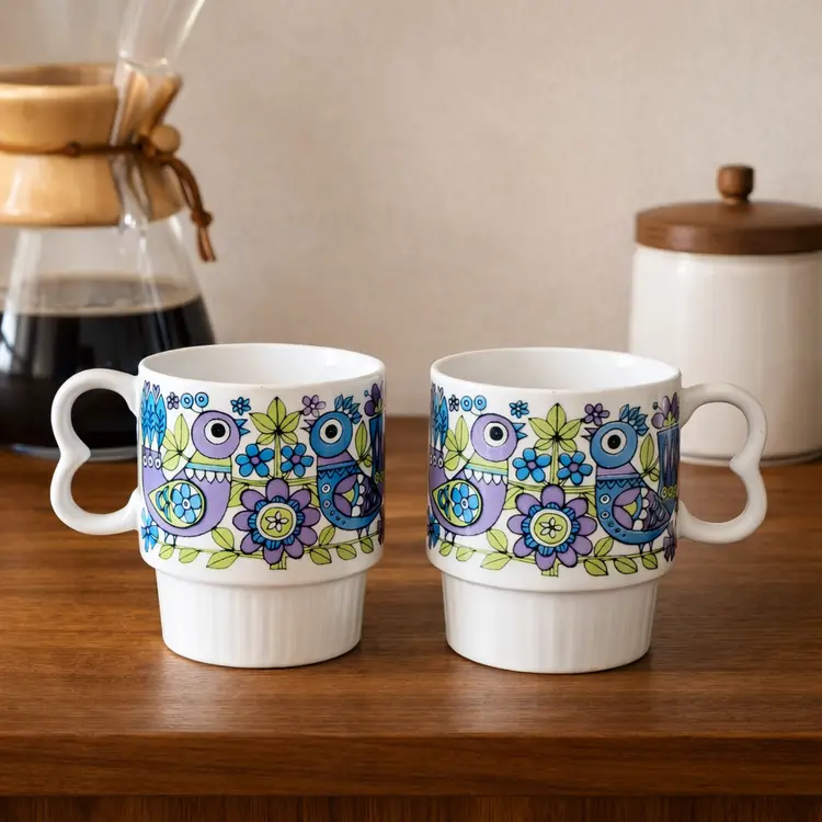 Vintage 1970 Mcm Mug Royal Crown Arnart Stacking Pedestal Mugs Purple Blue Birds Pair