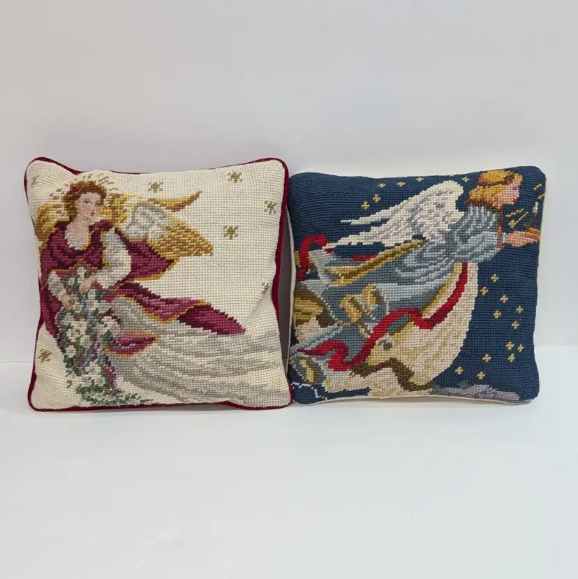 Vintage Wool Needlepoint Christmas Angel Throw Pillows Velvet Zippered Set of 2