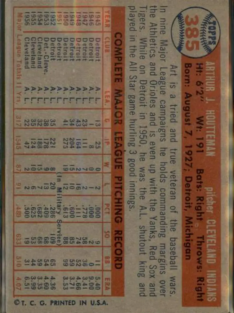 1957 Topps #385 Art Houtteman - ( pk1 ) - Cleveland Indians