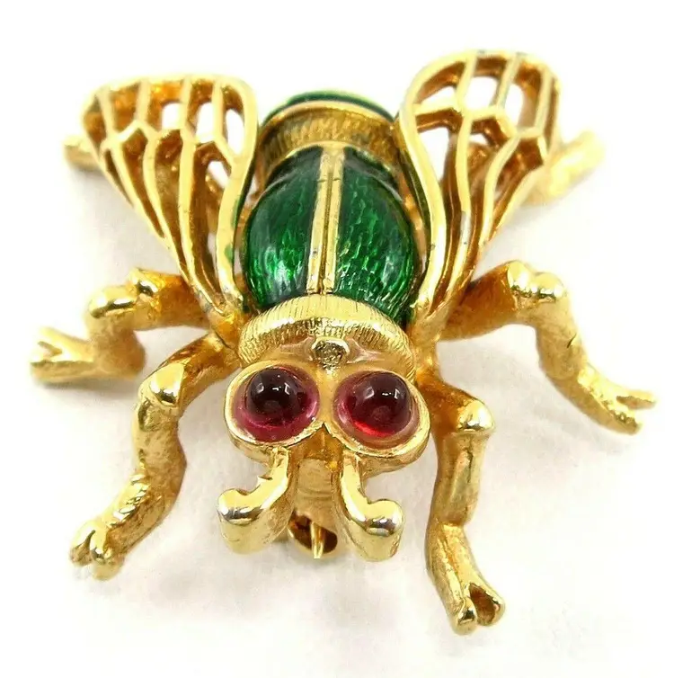 Boucher Gold Tone Green Enamel Red Stone Eye Insect Bug Brooch Pin Signed