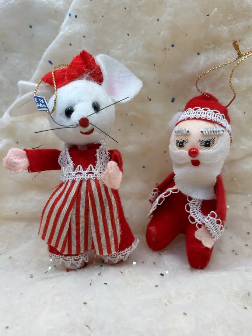 Retro Kitschy Mouse And Santa Felted Christmas Ornaments Japan