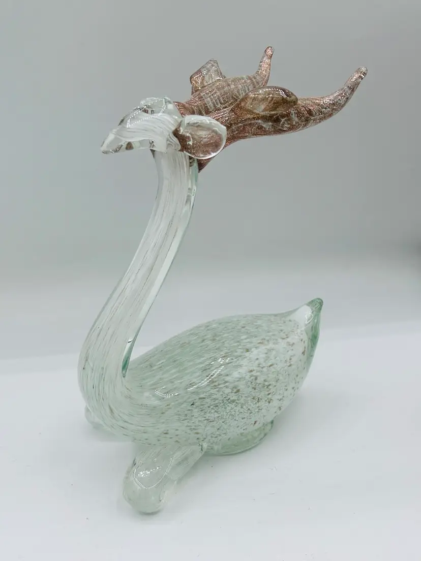 Art Glass Hand Blown Direr With Antlers, White With Gold Flexing