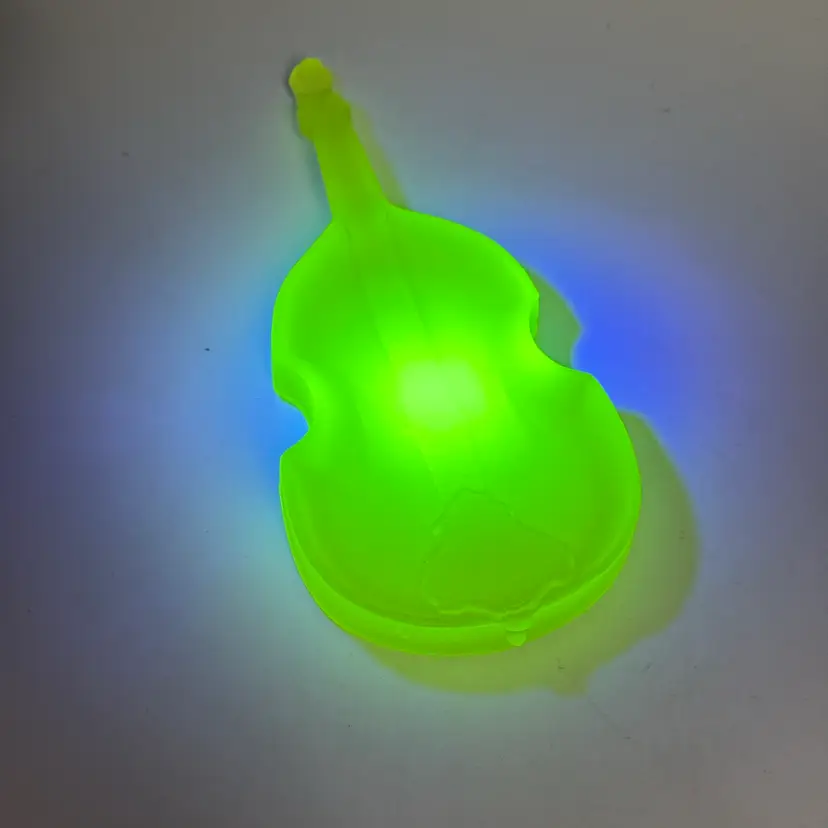 Yellow Vaseline Satin Glass Violin Cello Ashtray Trinket Dish Vintage UV Glow