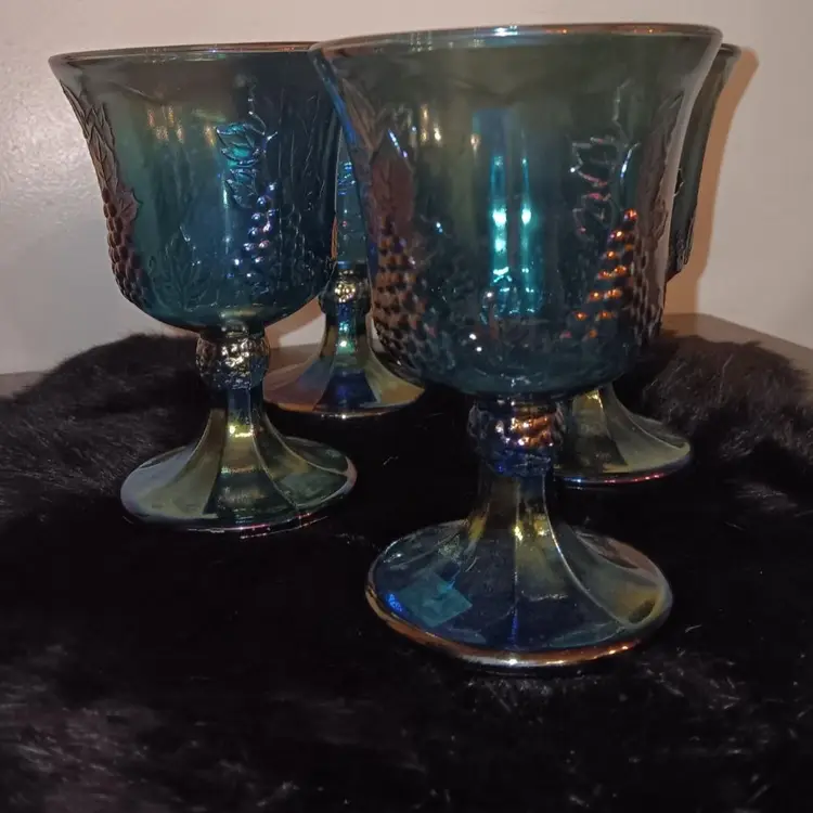 Vintage Set of 4 Blue Carnival Glass Wine Glasses Water Goblets Grape Pattern 5 1/4" H 8 oz