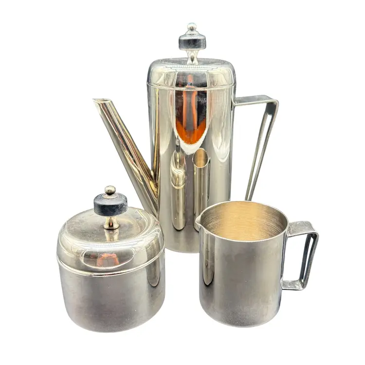 Vintage MCM Silver Stainless Steel Coffee/Tea Pot Creamer & Sugar Set With Lids