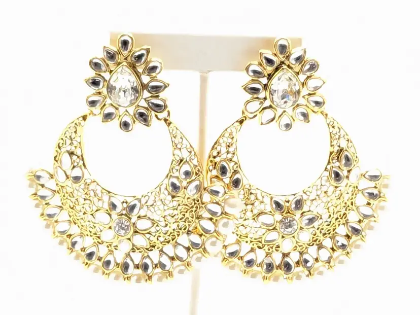 Large Jhumka Gold Tone Earrings India Rhinestones Faux Pearls Bollywood