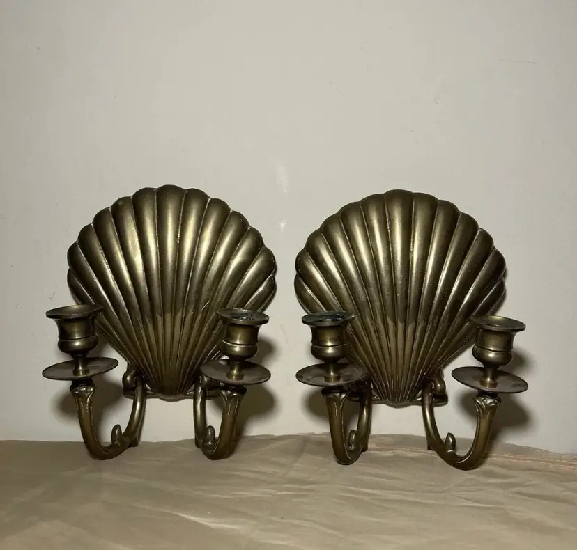 Pair Of Antique Brass Mid Century Shell Wall Candlestick Holders