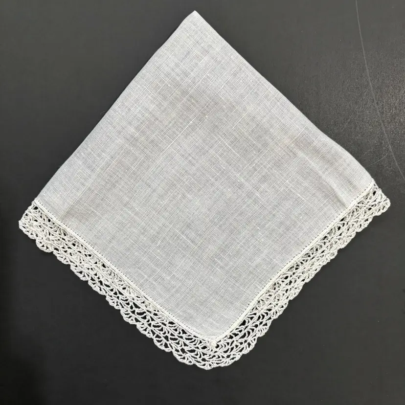 Hand Crochet Lace Linen Handkerchief Bride Wedding Cottage Core Granny Vintage