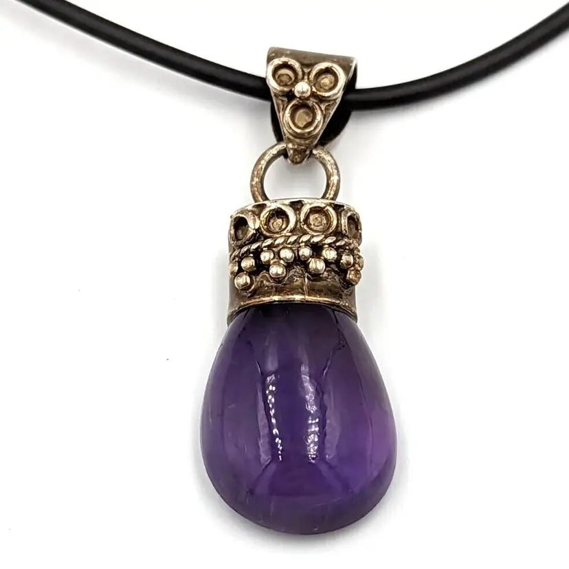 Amethyst Sterling Silver Pendant On Black Vinyl Cord 925 Indian Style