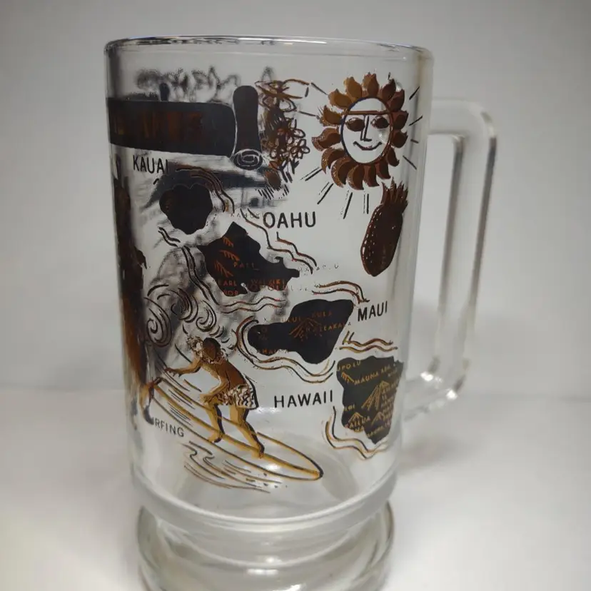 Hawaiian Islands Hula Girl Outrigger Tiki Surfing Retro Beer Glass Mug Vintage