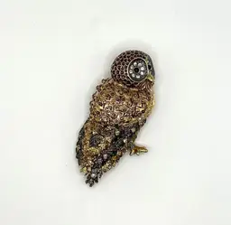 Nolan Miller Rhinestone Owl Brooch 3”x 2”