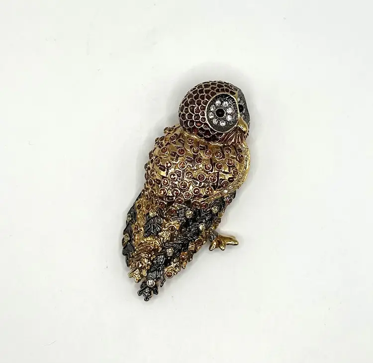 Nolan Miller Rhinestone Owl Brooch 3”x 2”