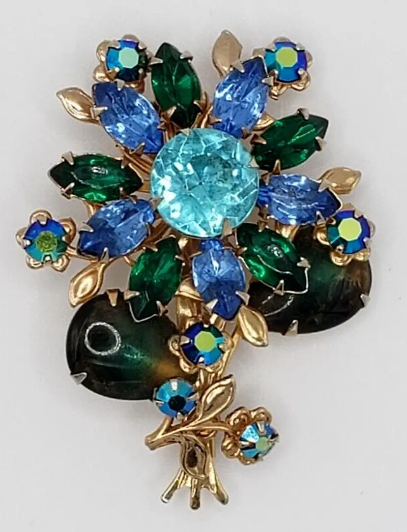 1950s Unsigned BeauJewels Blue Green AB Rhinestones Gold Tone Flower Brooch