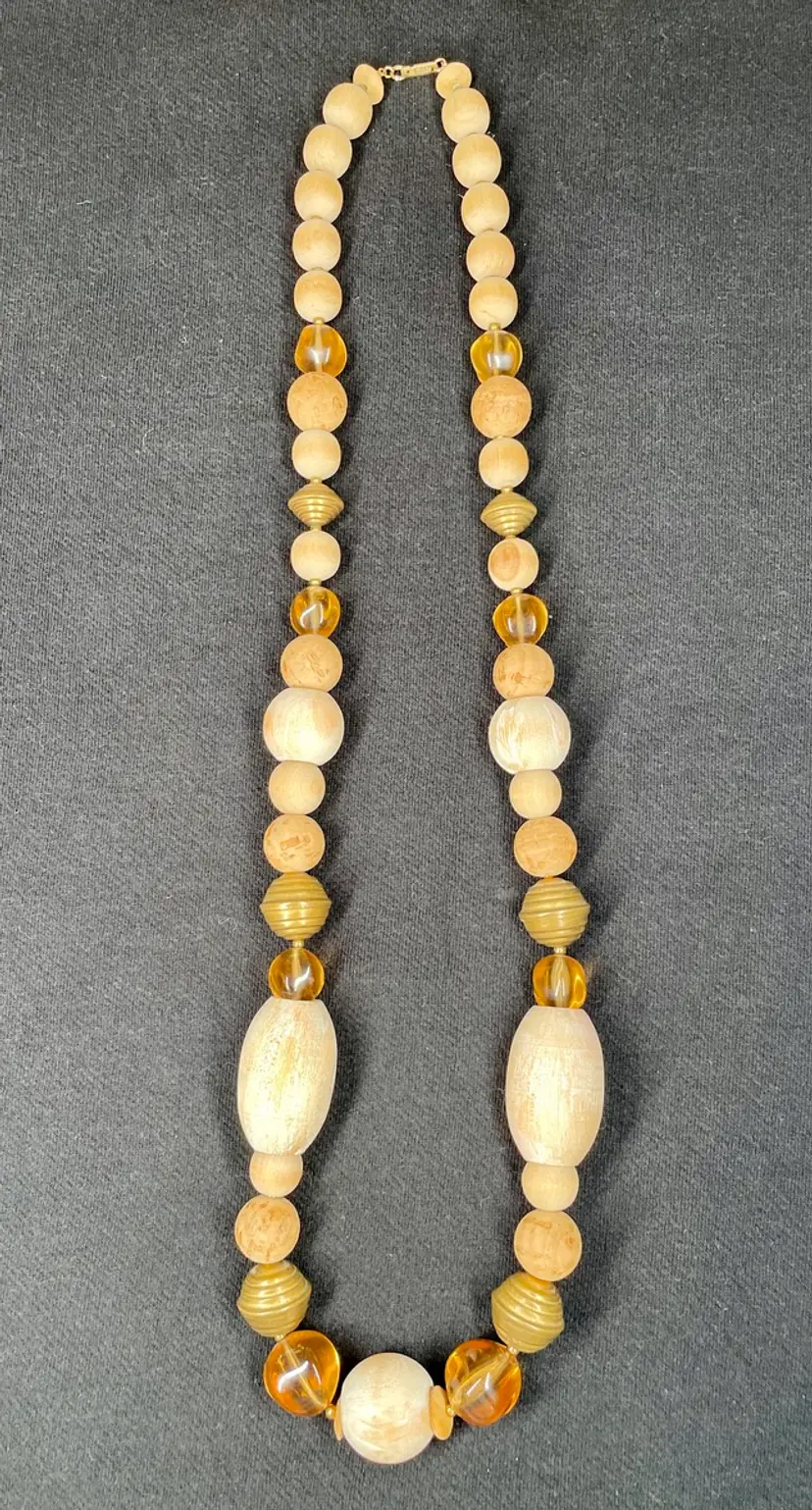 Vintage Dauplaise Statement Necklace Wood Cork Metal Acrylic/Lucite Beads Signed 18"