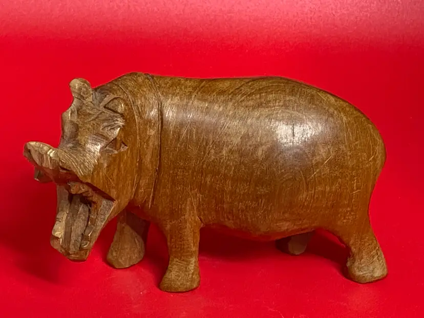 Wood Carved Hippotomus w/ Open Mouth Figurine, 5" Wide