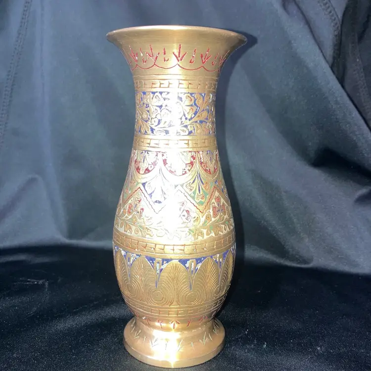 Vintage Multicolored Etched Brass Vase With Floral & Geometric Design 6” India