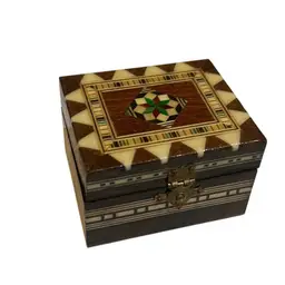 Vintage Marquetry Lacquered Inlay Mosaic Wood Hinged With Brass Tone Closure Lined Small Trinket Stash Box