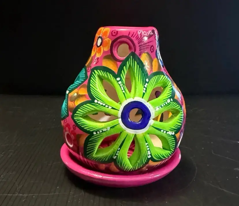 Mexico Chiminea Tea Light Incense Burner Hand Painted Pottery Clay Floral Bright