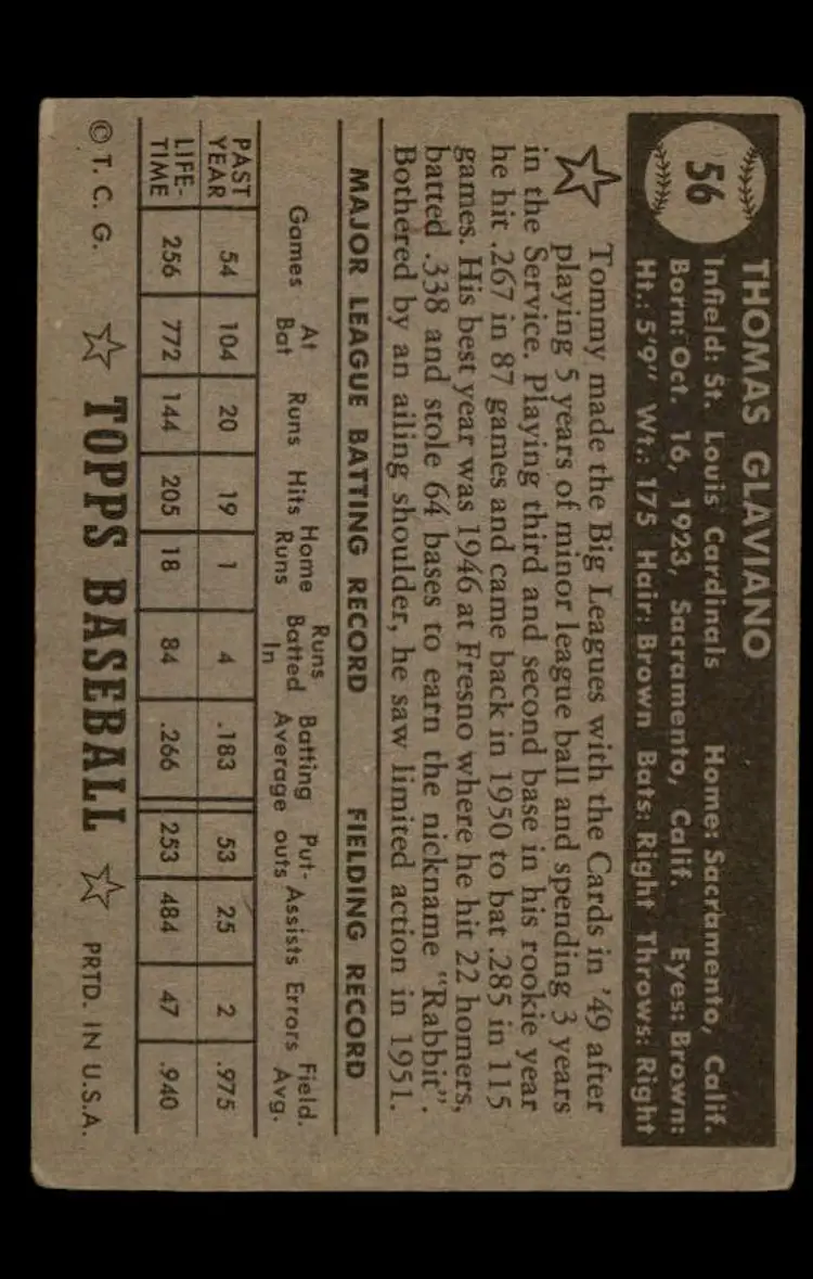 1952 Topps #56 Tommy Glaviano - (pk-tl1) - St. Louis Cardinals