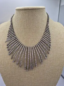 Vtg. Silvertone Tiny Rhinestones Fringe Bib Necklace 13"
