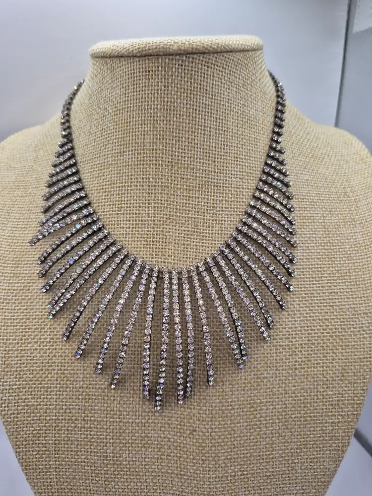 Vtg. Silvertone Tiny Rhinestones Fringe Bib Necklace 13"
